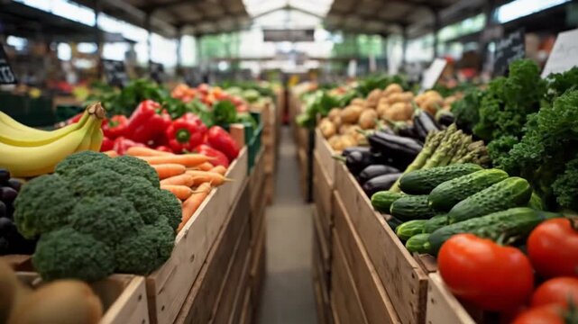 A vibrant indoor market stall showcasing a wide variety of fresh, colorful fruits and vegetables in wooden crates.