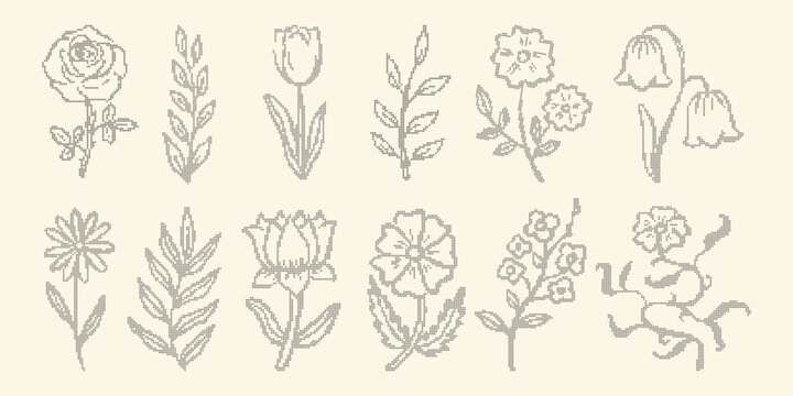 Vector set of cross stitch embroidery monochrome wild flowers. Vintage lace needlepoint floral elements. Pixel art branches and herbs for trendy ornate design. Delicate sewed plants