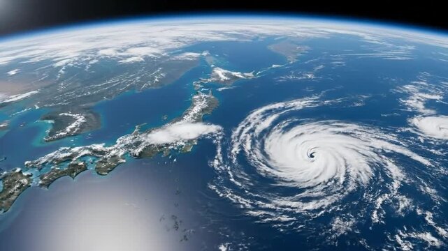 View of the Earth from space shows a large hurricane over the ocean near Japan.