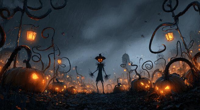 A spooky scarecrow stands in a pumpkin patch, illuminated by eerie lanterns against a stormy sky.