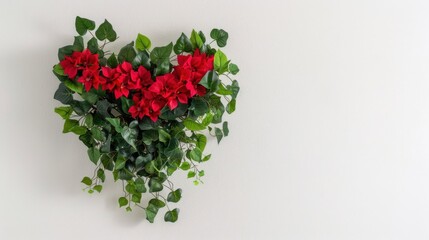 Heart-Shaped Arrangement of Red Flowers and Green Leaves Against a Light Neutral Background