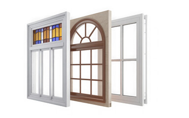 Obraz premium Window styles presentation: modern, stained glass, arched with stone, and contemporary frames