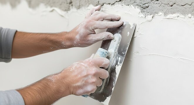 Skilled hands applying plaster compound to wall during renovation process