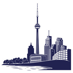 Illustration of a city skyline featuring a prominent tower and modern buildings