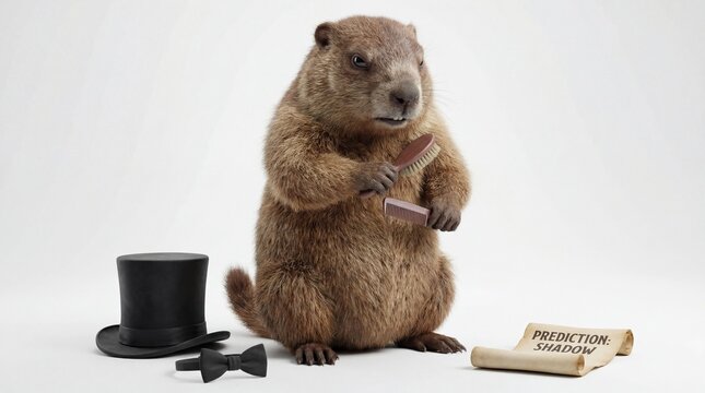 Charming Groundhog Holding Brush and Comb, with Top Hat and Shadow Prediction