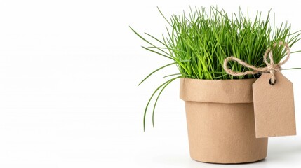 Fototapeta premium Fresh Green Grass in Natural Pot with Tag on White Background for Nature and Gardening Themes