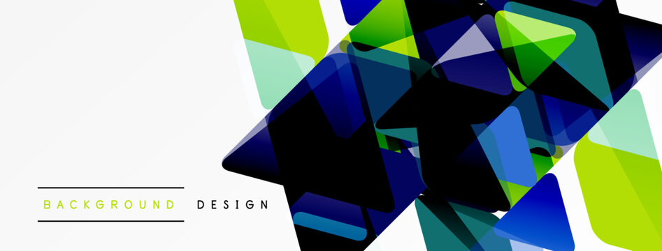 Abstract geometric shapes overlap, creating vibrant color blocks. Design features blue, green, black hues on white background. Modern aesthetic.