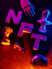 NFT Letters with Classical Sculpture Busts Disco Ball Neon Gradient Lighting Vaporwave Concept