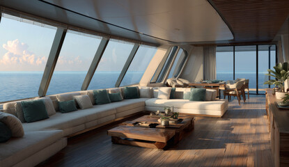 Luxurious yacht interior with panoramic large windows showcasing a sea view, modern design, plush seating, natural wood textures, and elegant decor elements