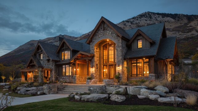 Luxurious Stone and Wood Mountain Home Exterior at Dusk