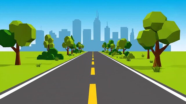 Low Poly Road Leading to City with Forward Motion 3D Animation