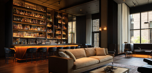 Luxury bar counter made of dark wood with a sleek polished surface and warm orange lighting, set in an elegant modern lounge with large windows and cozy seating areas