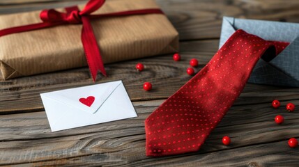 Obraz premium Gift Package with Tie and Heart Envelope for Special Occasion Celebrations and Love Expressions