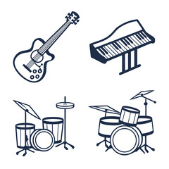 Fototapeta premium A collection of musical instruments including a guitar, piano, and drum set. Vector