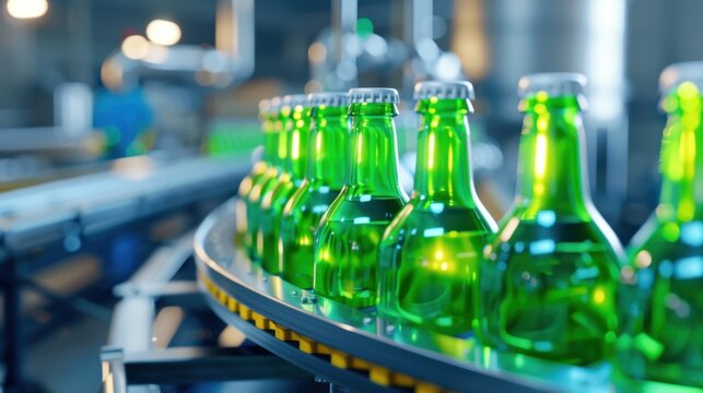 Bright Green Glass Bottles on Production Line in Modern Beverage Factory with Shallow Depth of Field