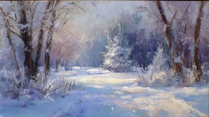 Winter sunset in a city park. The sun painting the sky in orange tones. Snow on the ground and trees reflects the warm light.