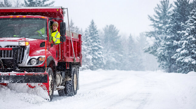 Man in yellow jacket drives red snowplow, clearing snowy road through heavy snowfall. Driver focused on operating red snowplow, navigating challenging conditions.