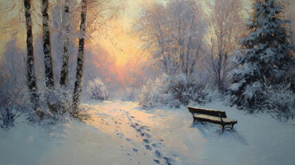 Winter sunset in a city park. The sun painting the sky in orange tones. Snow on the ground and trees reflects the warm light.