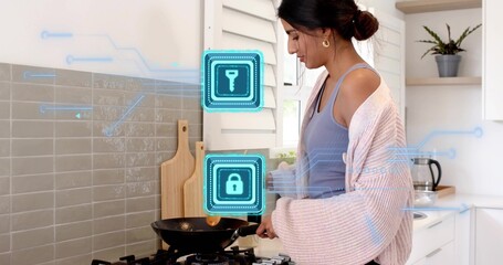 Cooking Indianwoman top stirring wok gasrange home kitchen withspatula smartlock icons, copy space © vectorfusionart