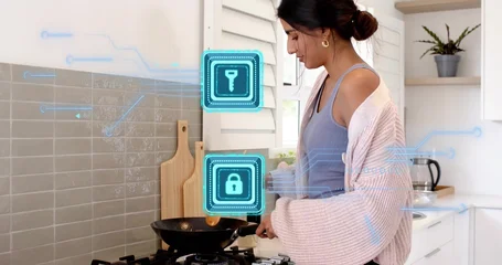 Fotobehang Koken Cooking Indianwoman top stirring wok gasrange home kitchen withspatula smartlock icons, copy space  © vectorfusionart
