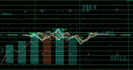 Fotobehang Buffet Displaying bar-and-line chart on dark display with gridlines, markers, labels, red-brown column  © vectorfusionart