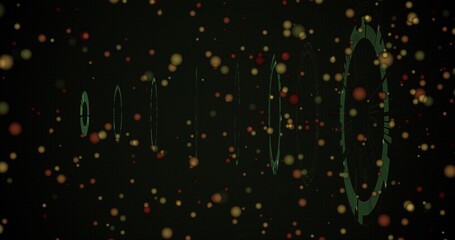 Naklejka premium Glowing spoked green ring on right receding into dark digital space, rings, warm bokeh, copy space