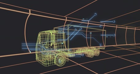 Fototapeta premium Displaying wireframe box truck moving through orange grid tunnel, showing blue HUD overlays