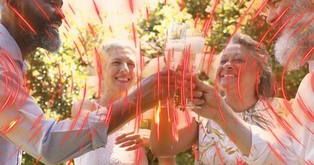 Toasting four adults raising tall flutes in sunny backyard with red streak overlay, in light shirts