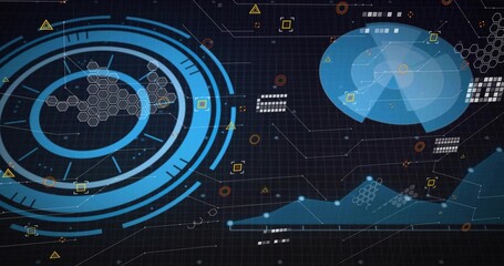 Fototapeta premium Displaying concentric rings linking hex clusters to radar dome, line chart on dark grid, copy space