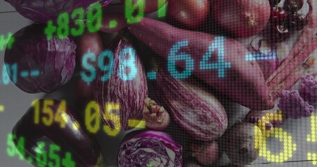 Displaying purple produce with eggplants, halved cabbage, yams on board merging with ticker overlay © vectorfusionart