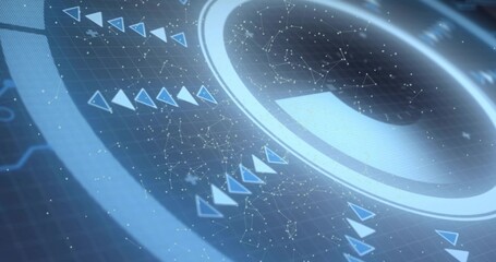 Naklejka premium Displaying holographic ring centering on dark blue HUD, showing core, chevrons, node network, grid