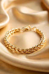 Golden bracelet on beige background. Elegant jewelry. Jewelry set minimalist style. Product still life concept