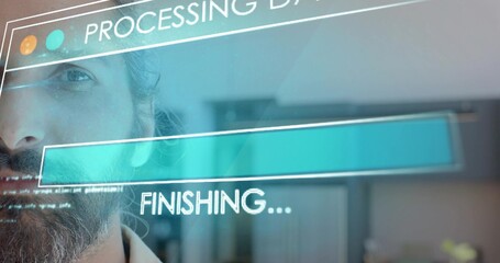 Viewing bearded mid Indian tech checking teal holo progressbar at office collared shirt, copy space © vectorfusionart