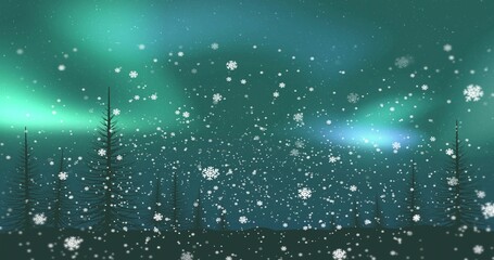 Drifting centered snowflakes filling foreground and midground at night, with aurora over conifers