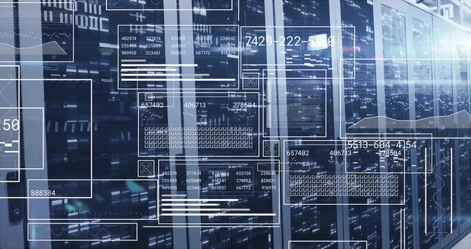 Camera panning initiating overlays emerging over server racks aligning data and forming dashboard