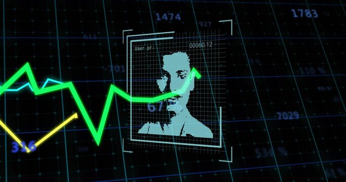 Scanning cyan pixelated portrait inside scan frame on virtual interface, showing neon green graph