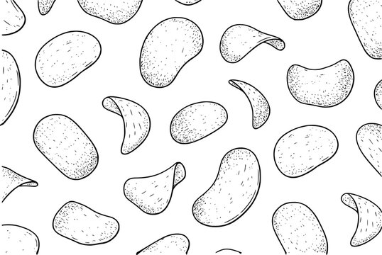 Hand drawn potato chip pattern seamless black and white snack food