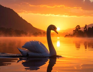 Fototapeta premium Graceful swan swimming on a serene lake at dawn, bathed in golden sunlight