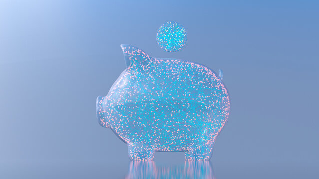 Futuristic glass piggy bank with coin symbolizing digital finance