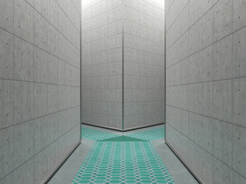 Modern 3d rendered corridor with geometric tile floor and concrete walls