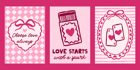 Naklejka premium Whimsical Valentines day vector cards set. Vintage retro love print designs with matches, bows, hearts illustration, romantic quotes in coquette frames