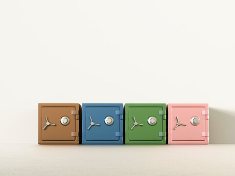 Colorful 3d safes in a row symbolizing finance and security