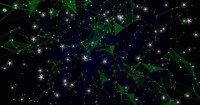 Camera zooming driving green nodes centering to reveal core, mesh morphing, sparkles twinkling