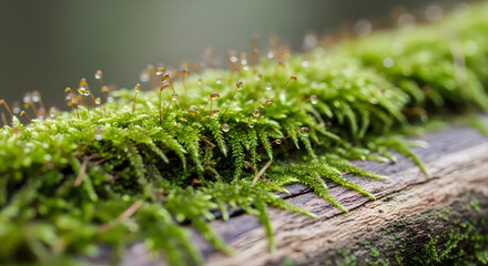 Close-up of bright green moss with tiny water droplets on a weathered wooden surface after rain.