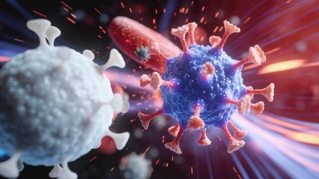 Captivating macro video showing cells and viruses in the human bloodstream, highlighting the interaction of cells and pathogens in a vibrant, detailed, and dynamic medical setting.