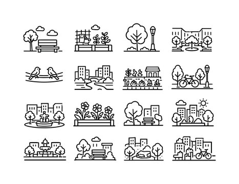 Urban Nature Icons. Nature in the City. Line icon set of Nature in the City: city park bench, urban garden, street tree, green courtyard, birds on wires, river