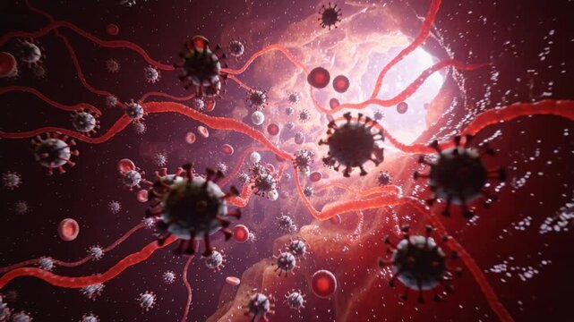 Captivating macro video showing cells and viruses in the human bloodstream, highlighting the interaction of cells and pathogens in a vibrant, detailed, and dynamic medical setting.