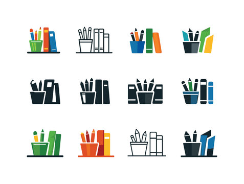 Study materials and books on desks. Icon set. Set Logo of study materials and books on desks: pencil holder with books. harmonious logo