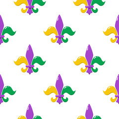 Mardi Gras seamless pattern with fleur de lis in traditional purple, green and gold colors. Repeating vector background. © Mallva