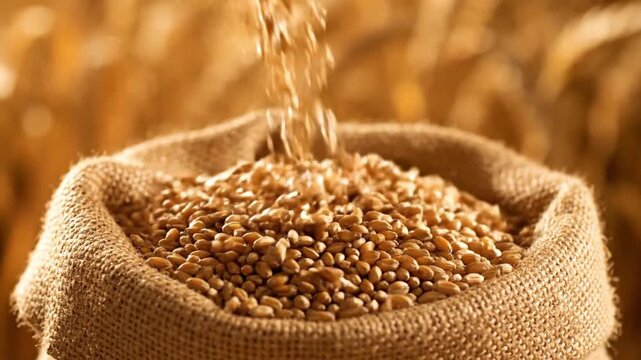 Rustic burlap sack filled with golden wheat grains, with fresh kernels pouring in from above against a blurred wheat field background, symbolizing harvest season, agriculture, and natural food product